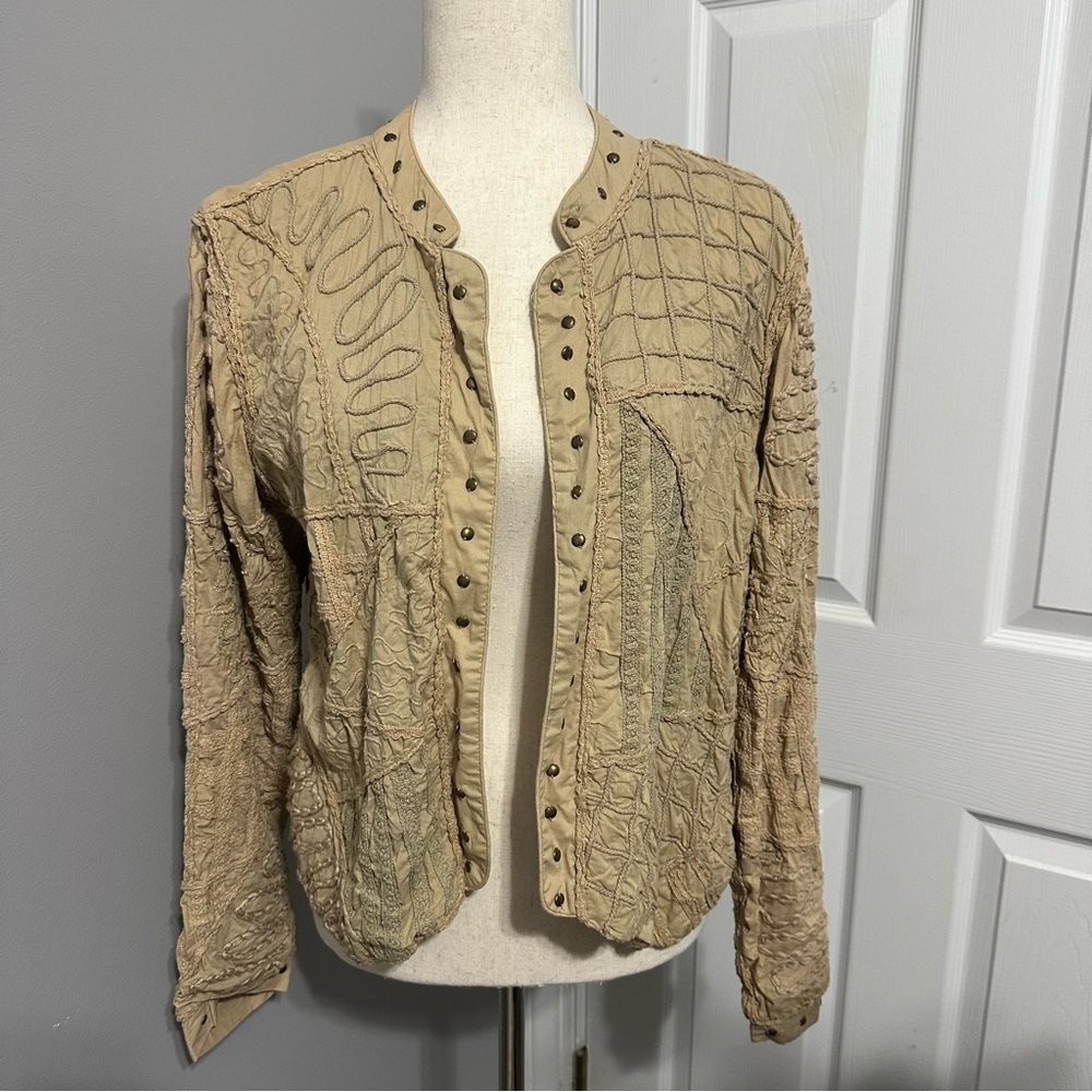 Y2K Mirror Image 100% Cotton Tan Beaded Embroidered Lightweight Jacket Size L